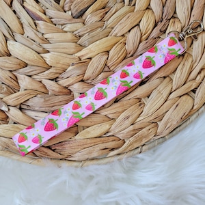 Strawberry Wristlet Keychain: Pink Floral Keyring (7 inch)