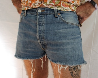 May include: A pair of blue denim shorts with frayed edges. The shorts have a button fly and five pockets.
