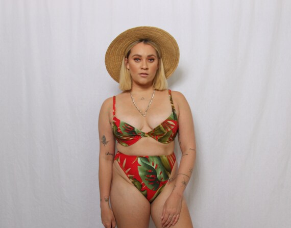 tropical print high-waist bikini