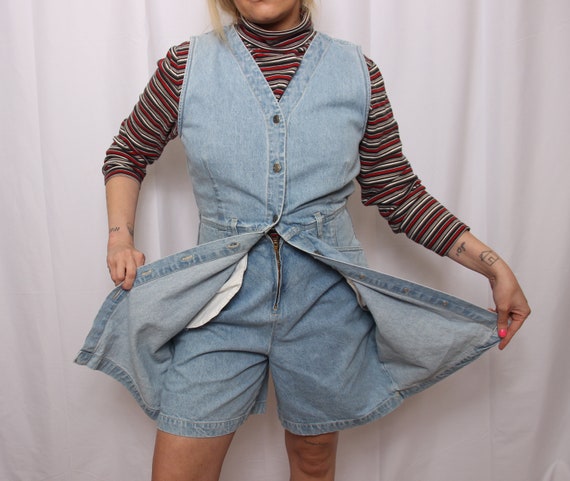 Vintage 90s blue denim jumper mini dress/skort - image 5