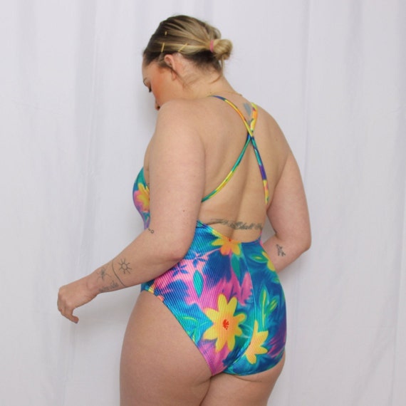 Ribbed floral 1980's swimsuit - image 2