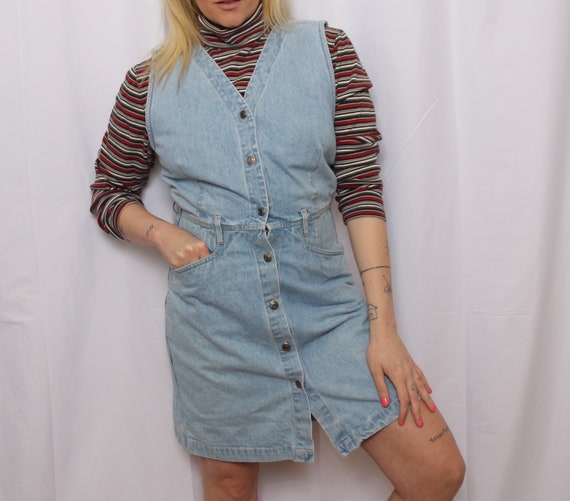 Vintage 90s blue denim jumper mini dress/skort - image 4