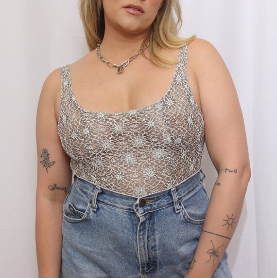 90s sheer floral lace tank top - image 2