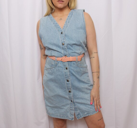 Vintage 90s blue denim jumper mini dress/skort - image 2