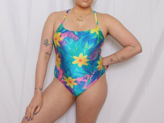 Ribbed floral 1980's swimsuit - image 1