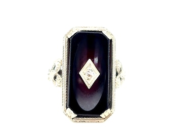 Art Deco Onyx and Diamond Ring in 14k White Gold
