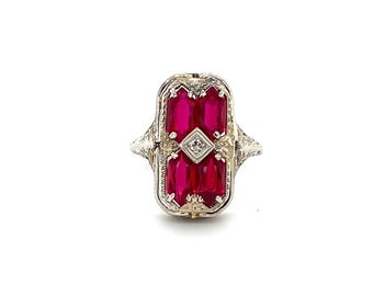 Art Deco 14k White Gold Synthetic Ruby Fashion Ring