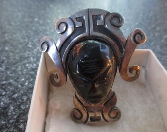 Vintage  MEXICO Sterling  Silver  Carved  Sheen Obsidian  MASK BROOCH