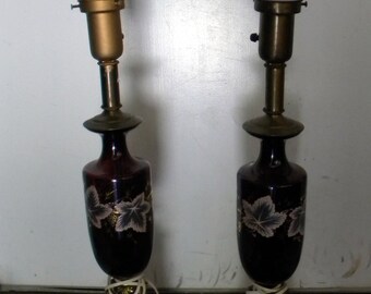 MIdcentury Brass/purple Bohemian Glass Torchiere Lamps