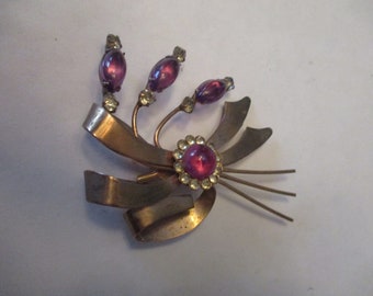 Vintage Copper Tone Flower Brooch/Pin with Purple  Crystals
