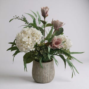 Large White Hydrangea Centerpiece: Mauve Magnolia in Grey Pot