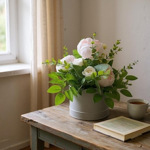 Sage green hatbox flower arrangement/handmade/ light pink peonies/ small white roses/all seasons