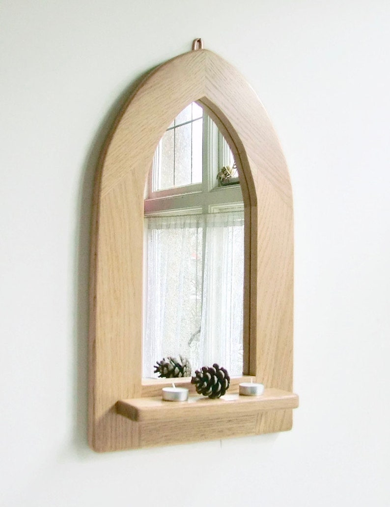 Gothic Arch Oak Mirror Shelf Reclaimed Wooden Framed Arched