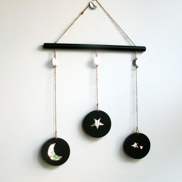 Suncatcher, Moon and Stars, Moon Catcher, Window Decor, Moon and Star Mobile, Wooden Moon, Wooden Stars, Moon Mirror, Star Mirror,