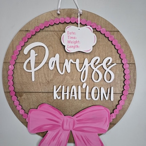 Round bow baby girl name sign, hospital announcement door hanger,