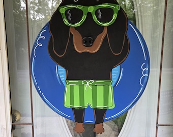Weenie dog on tube door hanger with shorts, weenie door hanger, dog door hanger, summer Weenies dog sign, door hanger