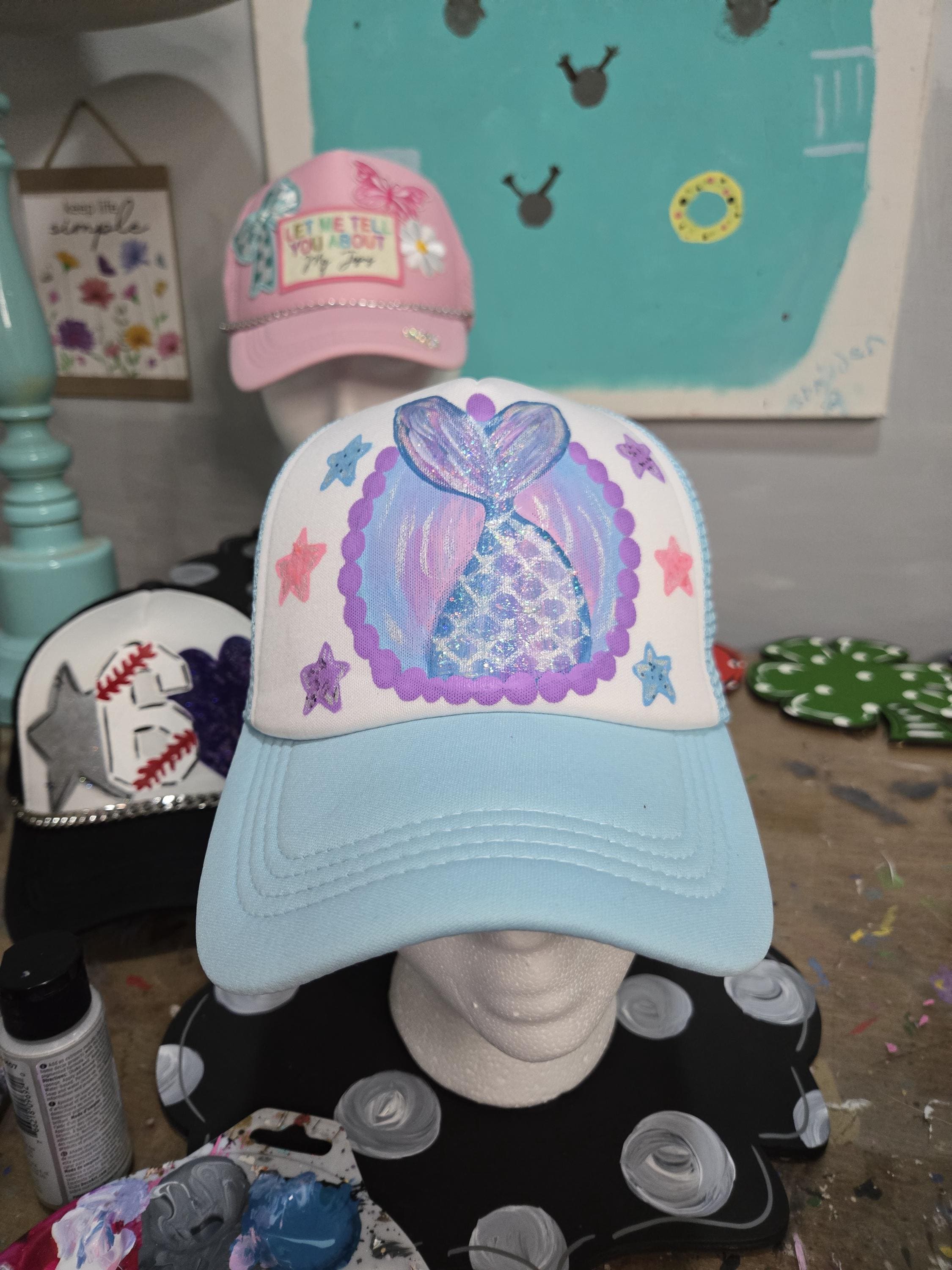 Painted Mermaid Trucker Hat, Custom Baseball Hat, Painted  display picture 1