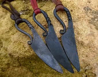 Viking knife pendant, Blacksmith knife, Viking Knife with natural cut leather cord