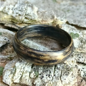 Bog Oak wood bent ring, Engraved pine trees, Bent wood ring