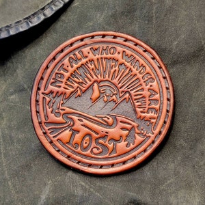 Leather patch "Not all who wander are lost", deep pressed patch, Leather coaster, mountain patch