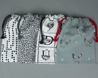 Mini drawstring bags - made with a cotton fabric in various designs