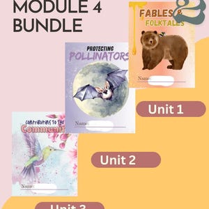 May include: A set of three printable activity books for second grade. The covers feature illustrations of a bear, a bat, and a hummingbird. The titles are "Fables & Folktales", "Protecting Pollinators", and "Contributing to the Community".