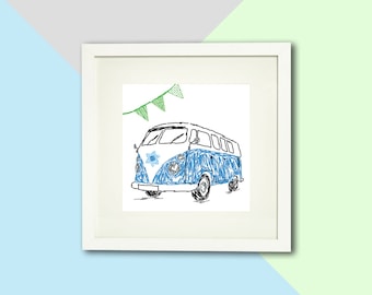 Camper Van framed print; Blue, green, red or yellow; Camper van gift; Children's gift