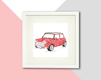 Classic/ vintage/ retro car framed print; Red Mini; Blue Beetle; Yellow 500; Blue Frogeye; Car gift; Children's gift; Car lover