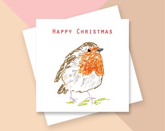 Happy Christmas Robin Greetings Card - Blank Inside - Plastic Free