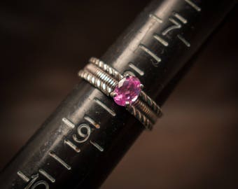 Pink Sapphire solitaire ring, Sterling silver ring with created pink sapphire,