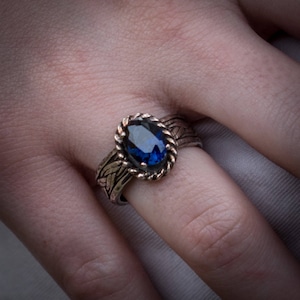 Sapphire solitaire ring, Sterling silver ring with created dark blue sapphire,