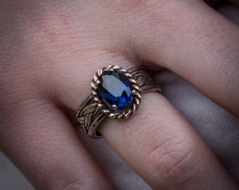 Sapphire solitaire ring, Sterling silver ring with created dark blue sapphire,