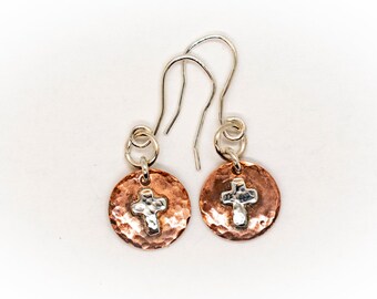 Copper and silver Cross earrings