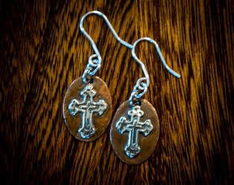 Copper and silver cross earrings