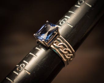 Sapphire solitaire ring, Sterling silver emerald cut sapphire
