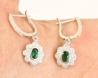 Solid 925 Sterling Silver emerald earrings