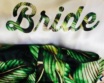 Matching tropical wedding robes, destination wedding, beach wedding, bridesmaid robes, bridal robe, bride robe, wedding day photo, palm