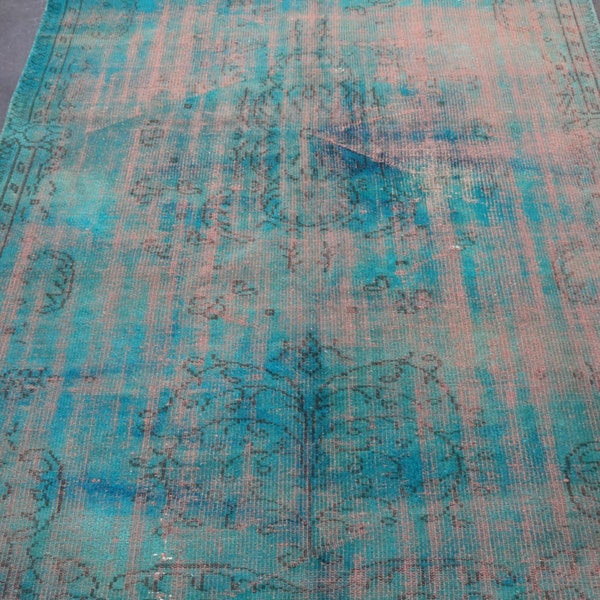 5'47''x9'58''- 167x292cm Turquoise living room rug,Handmade oriental overdyed-distressed vintage rug,Decorative area rug