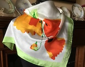Vintage 1980s silk scarf designer Bill Blass tulips poppies spring scarf chartreuse red orange flowers 23 x 23 neck scarf head band
