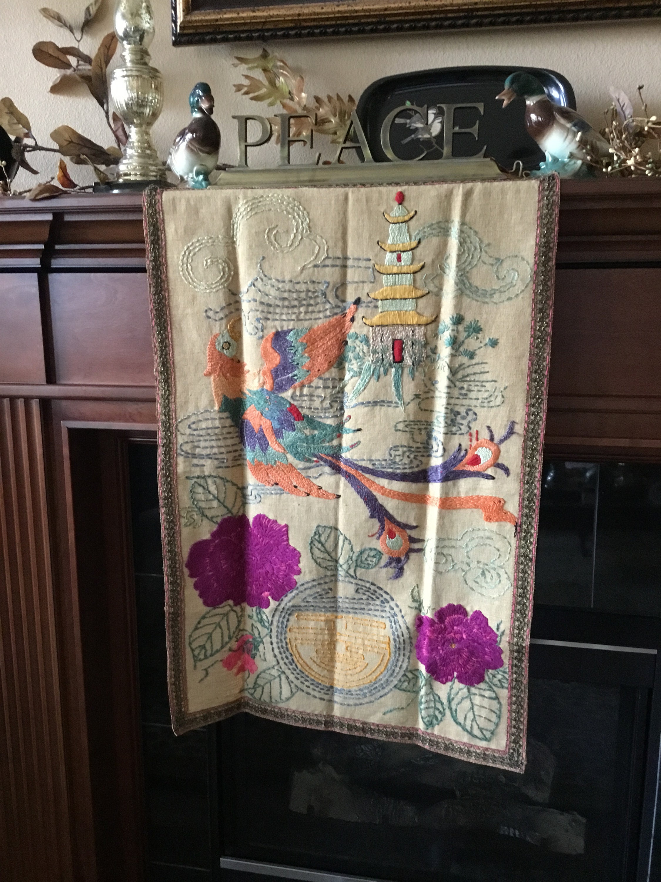 Antique crewel embroidery wall hanging Edwardian Victorian art Etsy