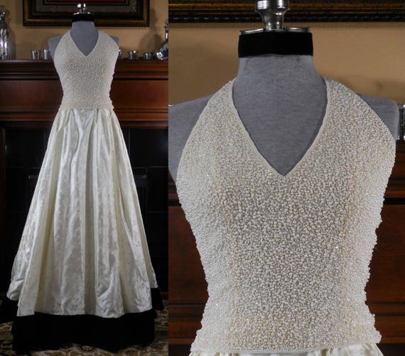 Stunning silk halter top hand embroidered pearls b
