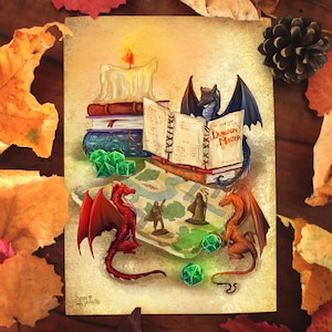 Dragon's Library ||  Paper Prints || Wall Art Decor ||  Fantasy Book || D&D Campaign