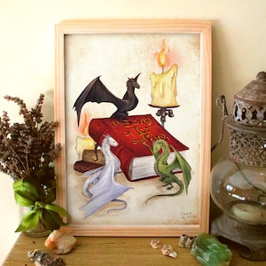 Dragon's Fantasy Library ||  Paper Prints || Wall Art Decor ||  Fantasy Book || Friendship || Candlelight