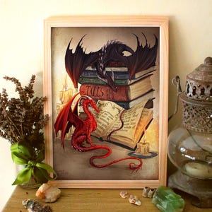 Dragon's Horror Library ||  Paper Prints || Wall Art Decor ||  Fantasy Book || Friendship || Candlelight