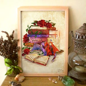 Dragon's Romantasy Library ||  Paper Prints || Wall Art Decor ||  Fantasy Book || Friendship || Candlelight