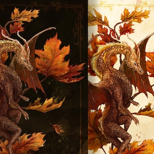 May include: Digital artwork of a dragon with brown and gold scales, set against a backdrop of autumn leaves in shades of orange and red. The dragon has large wings and is surrounded by falling leaves, creating a fantasy theme.