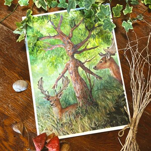 The dryad and the fallow deer - Acrylic Painting - Fantasy Wood Forest Creature - Nature Wall Art