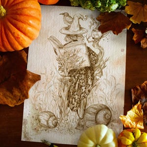 Puede incluir: Ilustración en tonos sepia de una bruja leyendo un libro, adornada con un cuervo en su sombrero. La obra de arte está rodeada de calabazas, calabacines y hojas de otoño, creando un tema otoñal o de Halloween.