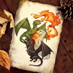 The Three Dragons || Paper Prints || Wall Art Decor || Fantasy Book