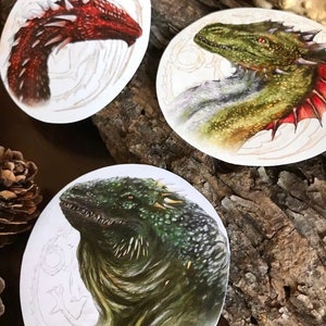 K&ouml;nnte beinhalten: Drei runde Aufkleber mit detaillierten Illustrationen von Drachen. Der erste Aufkleber zeigt einen roten Drachen mit wei&szlig;en Stacheln auf R&uuml;cken und Kopf. Der zweite Aufkleber zeigt einen gr&uuml;nen Drachen mit wei&szlig;en und roten Akzenten. Der dritte Aufkleber zeigt einen gr&uuml;nen Drachen mit einem reptilienartigen Aussehen.